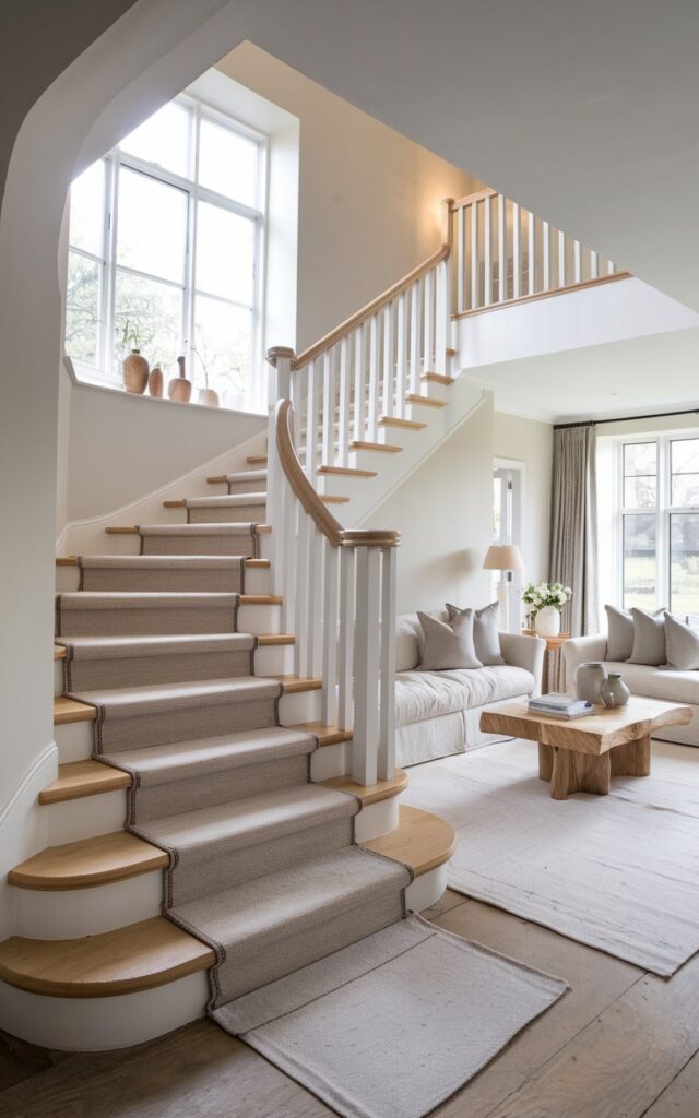 A photo of a modern, posh English countryside house with a minimalist appeal. The living room has a staircase in the corner, designed with layered neutral tones. The stairs have soft beige wool carpet runners over pale oak treads, paired with crisp white risers and a simple, elegant white balustrade. The living room is styled with plush linen sofas, a natural wood coffee table, and subtle stone accents. Large windows let in gentle natural light. The overall vibe is calm, sophisticated, and effortlessly chic, blending countryside warmth with modern restraint.