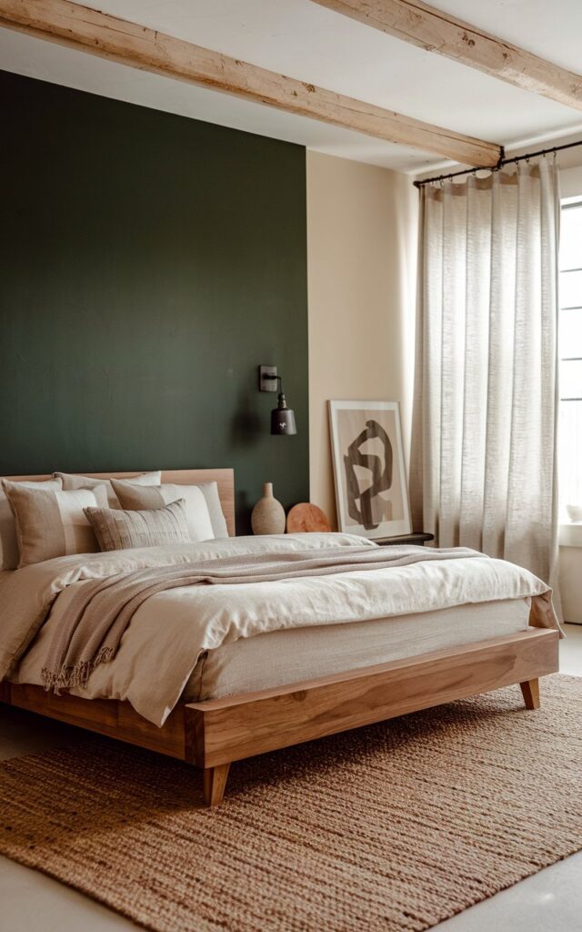 A photo of a modern rustic bedroom with one accent wall painted in a deep, bold forest green, contrasted against the remaining walls in soft, warm neutral tones. The space features a sleek wooden bed frame with clean lines, layered with cozy beige and cream bedding. Natural textures like a woven jute rug, leather accents, and metal light fixtures add rustic charm, while minimalist chic decor such as abstract art and sculptural vases complete the look. Soft natural light filters through linen curtains, enhancing the calming yet sophisticated atmosphere.