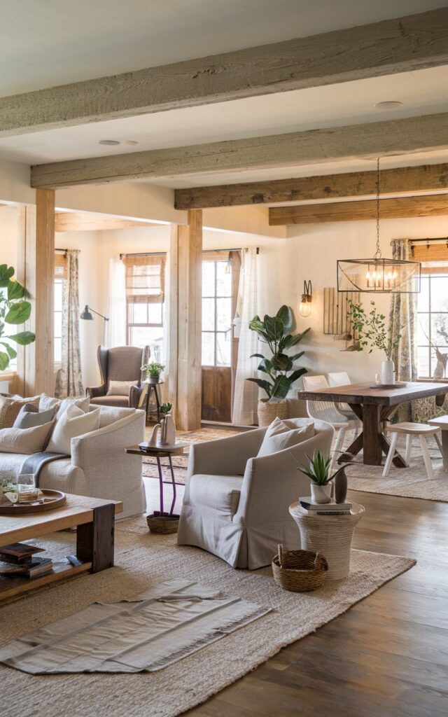 A photo of a modern rustic + cottagecore living room with an open layout. There's a cozy seating area with a plush sofa, armchairs, and a coffee table, defined by a textured rug. There's also a reading nook with an accent chair and side table. Another zone is anchored by a rustic wooden dining table with chairs. The space has natural wood beams, soft layered textiles, plants, vintage-inspired décor, and warm lighting.