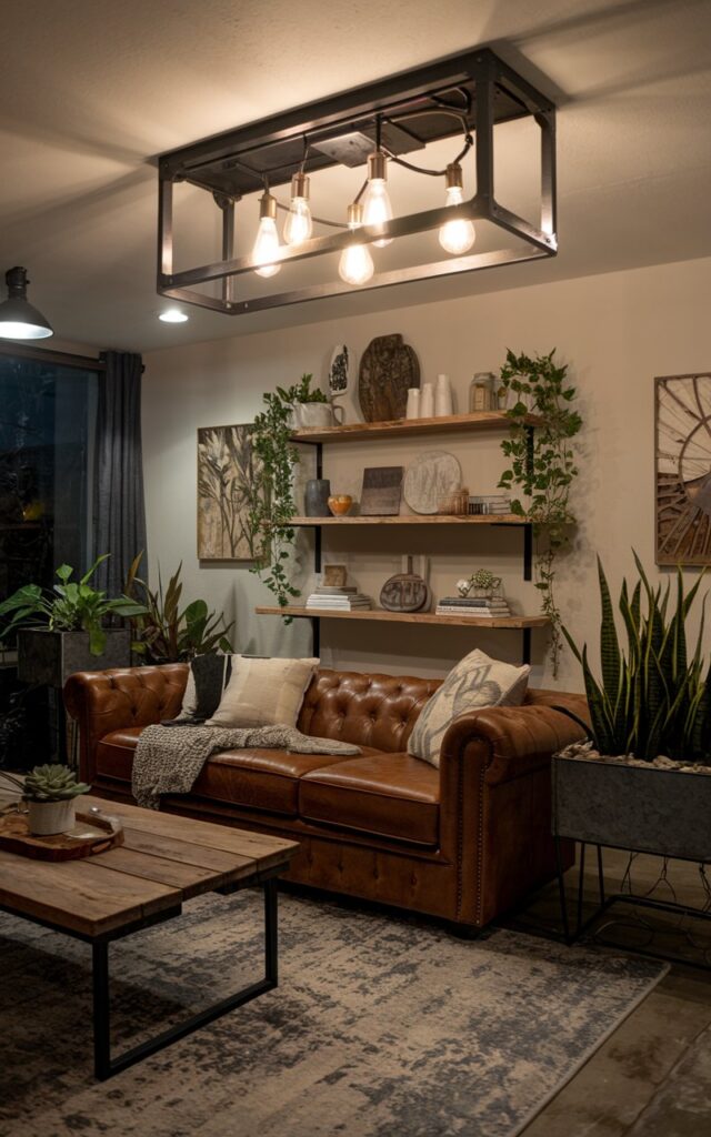 A photo of a modern rustic living room with a rich brown leather couch as the focal point. The room has an industrial-style ceiling lighting fixture with exposed Edison bulbs and matte black metal framing. There is a reclaimed wood coffee table, a textured area rug, and open shelving with a mix of books, ceramics, and small plants. The room has a cozy throw on the couch, potted greenery in metal planters, and wall art with nature-inspired themes. The photo is taken at night, with only light from the pendant light.