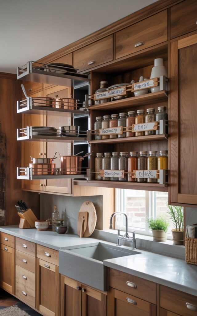 A photograph of a modern rustic kitchen featuring a set of warm wooden cabinetry with sleek, pull-out shelves as the focal point. The shelves glide outward, revealing a meticulously organized display of copper pots, stainless steel pans, and colorful spice jars with handwritten labels reading “"Rosemary"” and “"Paprika"". Behind the shelves, a pale grey stone countertop contrasts with a farmhouse-style sink, while soft, diffused light from a nearby window illuminates the space and highlights the natural textures of reclaimed wood and matte black hardware. Touches of greenery in ceramic pots and a simple woven rug add warmth and complete the inviting ambiance.