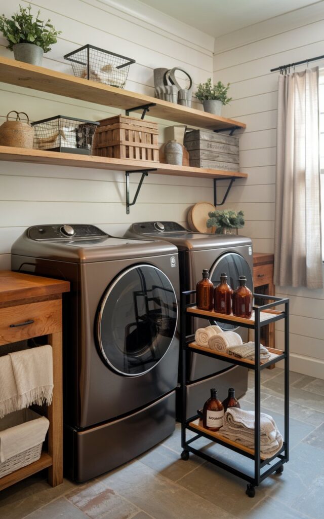 A photo of a modern rustic laundry room with a sleek matte black washer and dryer set. The washer and dryer are placed on warm reclaimed wood countertops. Between the two machines, there is a narrow sliding pull-out cart with a black metal frame and wooden shelves. The cart holds neatly organized amber glass bottles, natural fiber cloths, and labeled jars for detergents and softeners. The walls feature white shiplap paneling, and open shelves above display potted greenery and rustic accents like metal baskets and wooden crates. Soft natural light filters through a window with linen curtains, creating a cozy yet contemporary atmosphere.