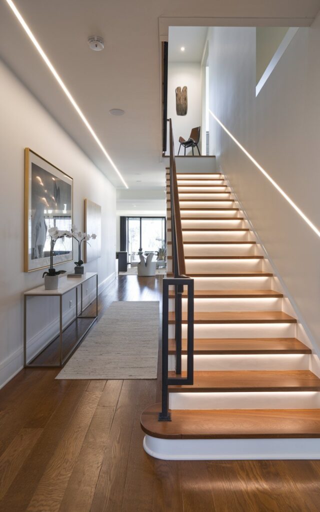 A photo of a modern transitional-style house hallway with a sleek LED strip light outlining the edges of each step of the walnut wood staircase. The crisp white risers and a simple black metal railing complement the rich walnut wood treads. The hallway is furnished with minimalist console tables, contemporary artwork, and soft area rugs leading towards a bright, open living room. The LED lighting casts a subtle glow, adding both safety and a touch of modern elegance to the transitional design.