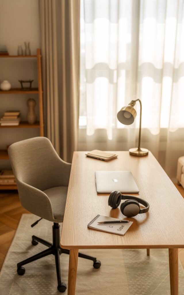 A photograph of a bright, modern transitional home office bathed in the soft glow of morning light filtering through sheer white curtains. A sleek, light wood desk sits centered in the frame, holding a silver laptop, black noise-canceling headphones, and a small notepad with a pen resting on top that reads "To Do". A comfortable, grey fabric office chair is pulled up to the desk, positioned near a stylish brass desk lamp casting a warm light on the workspace. The room features neutral beige walls, a light patterned rug under the desk, and a minimalist bookshelf with a few decorative objects, creating a cozy and practical atmosphere.