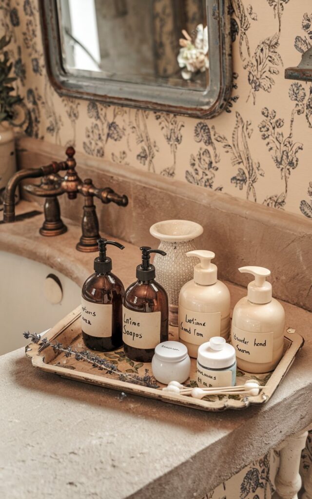 A photo of a French countryside bathroom with rustic elegance. The bathroom has a stone countertop, antique-style fixtures, and floral-patterned wallpaper. There is a vintage tray with amber glass dispensers, cream-colored ceramic pumps, and a handwritten label on the 'lotions', 'soaps', and 'lavender hand cream'. There's also a sprig of dried herbs and a tiny jar of cotton swabs on the tray. The bathroom has a warm French soul and feels like a spa.