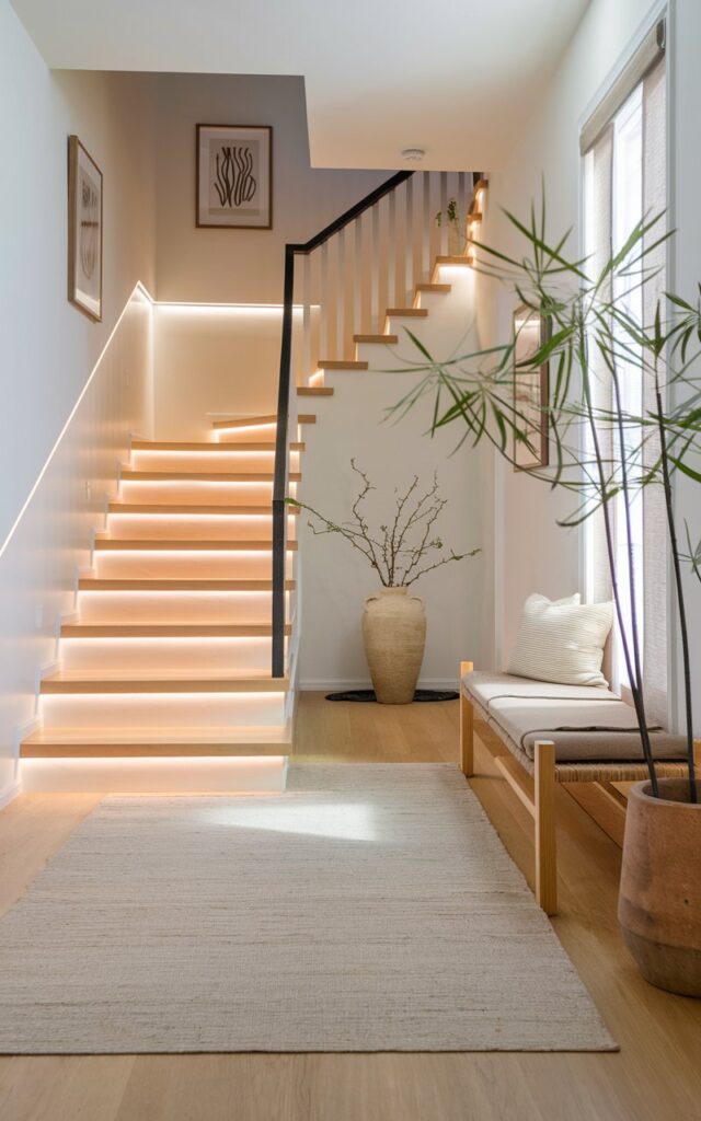 A photo of a Japandi-style hallway at night. The hallway has a sleek wooden staircase with soft, built-in LED lighting casting a warm glow. The staircase has natural oak treads, minimalist white risers, and a slim black metal railing. The hallway is fully furnished with a low wooden console table with a ceramic vase of branches, a woven bench with cushions, a neutral-toned area rug, and a tall indoor plant in a clay pot. Soft natural light filters in from a side window, highlighting clean lines, organic textures, and a serene, harmonious atmosphere. Walls have 2-3 Japandi framed art.