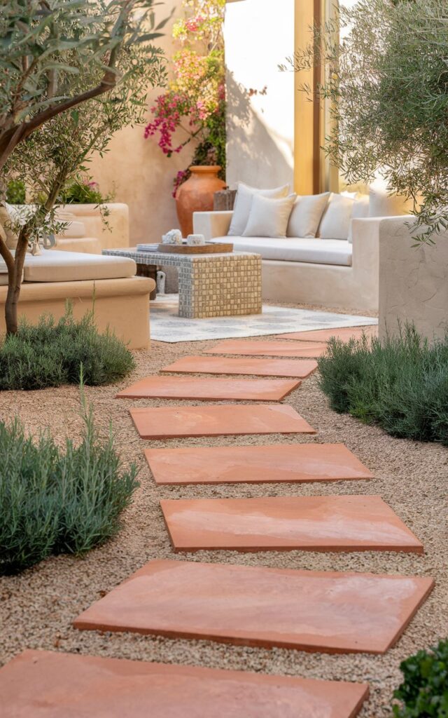 A photo of a Mediterranean-inspired chic backyard with smooth terracotta stepping stones leading gracefully toward a stylish seating area. The stones are set into a bed of fine gravel, bordered by low olive trees and fragrant rosemary bushes. The seating area features sleek white cushions, a mosaic-tiled coffee table, and a floor area rug. Sunlight casts warm golden hues over textured walls and a terracotta pot with bougainvillea. The natural light is soft.