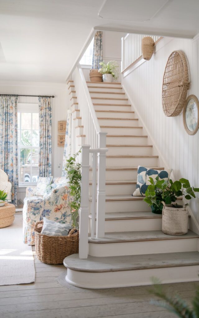 A photo of a bright, airy staircase in a California coastal cottagecore style home. The staircase has open risers that allow light to flow freely between the steps. The treads are weathered wood with a soft white-washed finish, and the railing is simple white. Surrounding the staircase, sunlit rooms have breezy linen curtains, woven baskets, potted greenery, and vintage floral textiles. The overall vibe is fresh, relaxed, and charmingly rustic, blending coastal lightness with cozy cottage warmth.