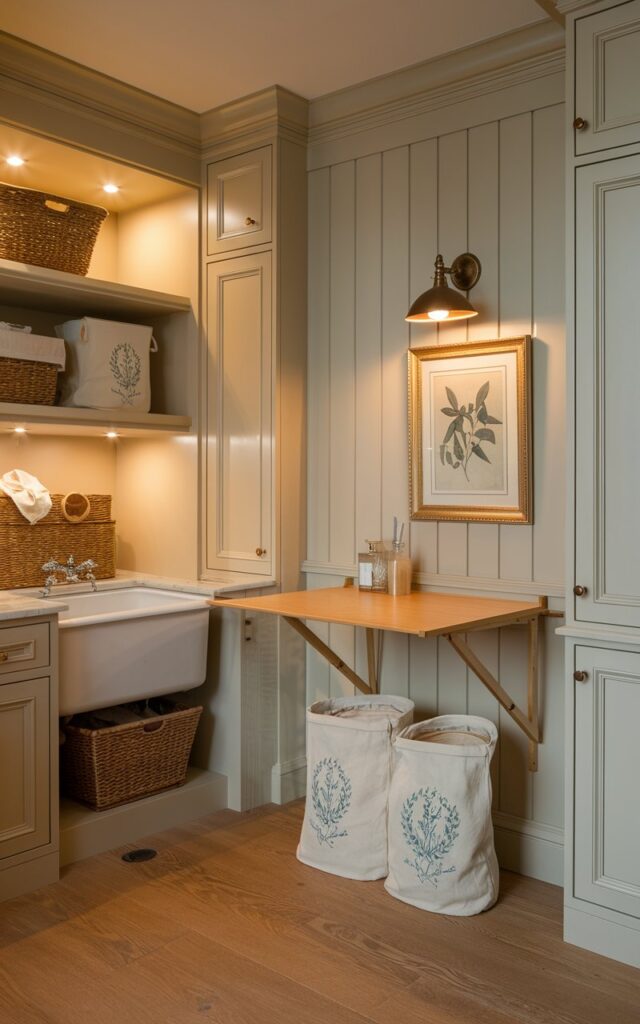 A photo of a classic traditional-style laundry room at night. The room has soft cream cabinetry, paneled walls, and warm oak flooring. A wooden flip-down folding table is neatly attached to the side wall, with a framed botanical print and a small warm light wall sconce above it. There are wicker baskets, a porcelain utility sink, and embroidered linen bags in the room. The open shelves have LED lights. The overall ambiance is elegant and timeless.