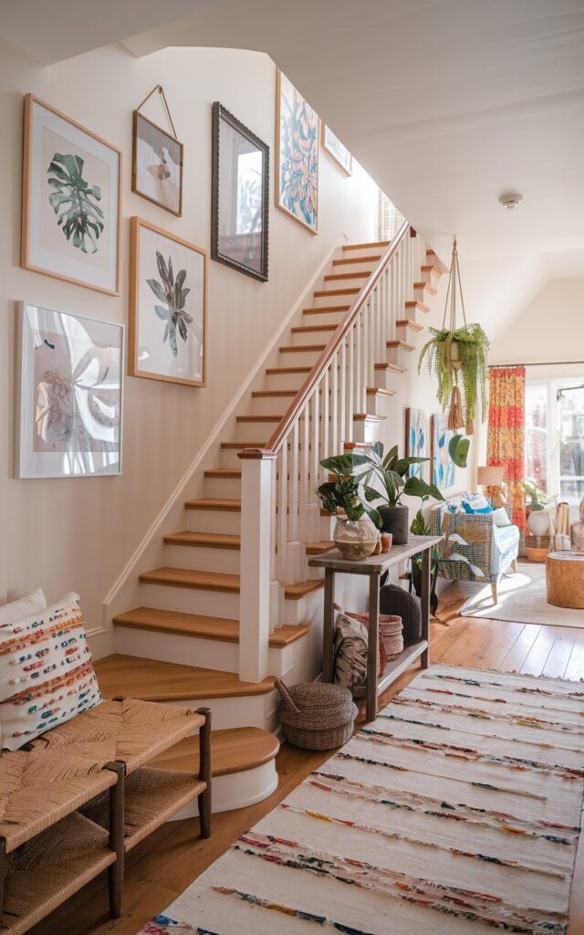 A photo of a cozy Boho-style house interior with a staircase leading to the living room. The wall along the stairs is a charming gallery wall adorned with 3-4 framed artworks of varying sizes and shapes, showcasing eclectic prints, botanical illustrations, and abstract designs. The staircase has warm wooden treads and a simple railing. The hallway below is fully furnished with functional pieces like a woven bench, a rustic console table, hanging plants, and colorful textiles that add texture and warmth. Soft natural light filters in, highlighting the vibrant, relaxed Boho vibe.