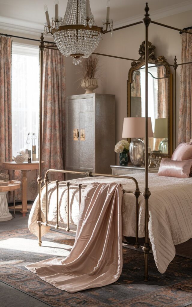 A photo of a luxe glam and vintage bedroom with sophistication and old-world charm. The room contains an antique brass bedframe with a silky throw blanket draped over the footboard. The blanket catches the light, adding shimmer and softness to the space. There is a tall cabinet, side table, vintage chandelier, ornate mirror, and a rug. The room has a palette of blush, cream, gold, and deep jewel tones. The room has natural light that is filtered and soft.