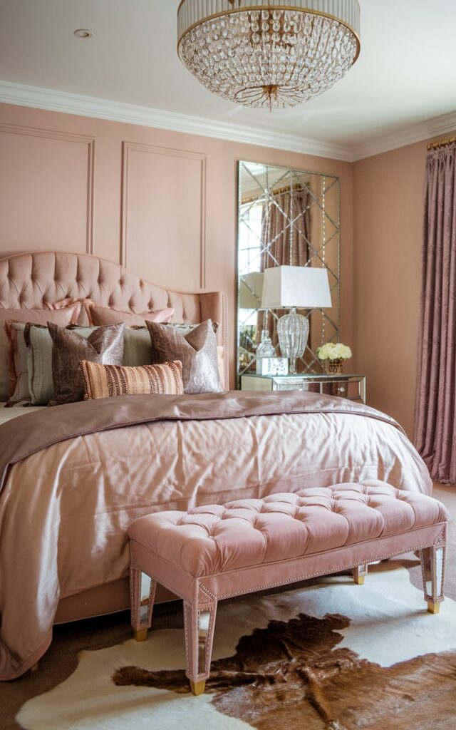 A photo of a luxurious Hollywood Glam bedroom with a plush velvet bench at the foot of a king-sized bed. The bed is dressed in satin bedding with metallic and jewel-toned pillows. A mirrored nightstand, crystal chandelier, and art-deco-inspired decor elements add sparkle and drama. The walls are painted a soft blush with subtle paneling, and a faux fur rug lies underfoot. The bench enhances both elegance and function, completing the space with a touch of red-carpet sophistication.