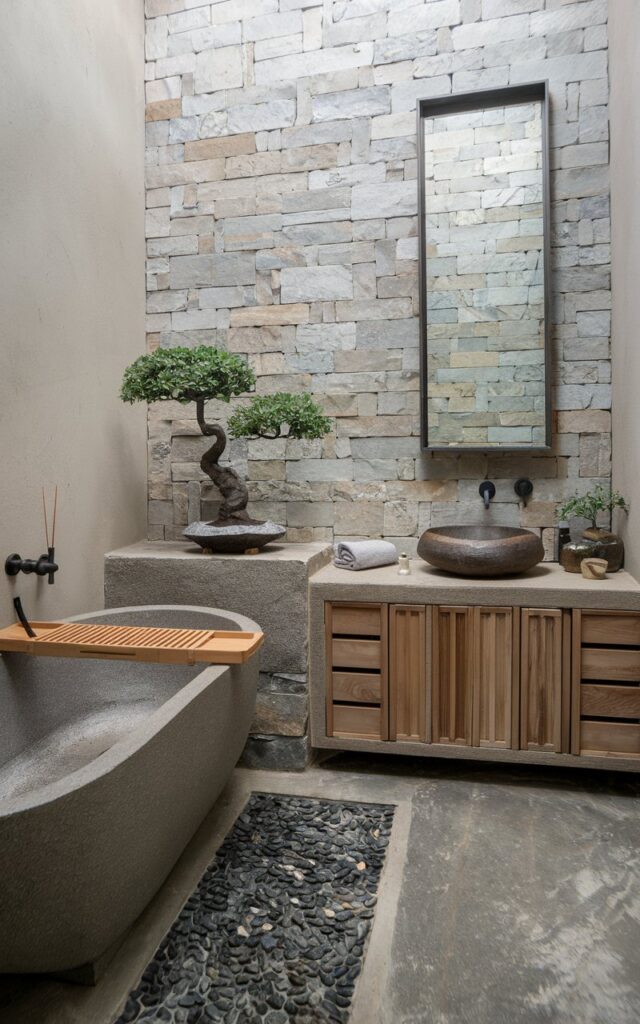 A photo of a modern Asia Zen spa-like bathroom with a freestanding tub, stone wall, and wood vanity. The tub has a pebbled bath mat in front of it. The vanity has flat-front wood cabinetry, a vessel sink, a mirror, and a matte black faucet. The floor is made of stone. There are soft linen towels, a potted bonsai, and a ceramic incense holder in the bathroom. The overall ambiance of the space is clean, earthy, and calming.