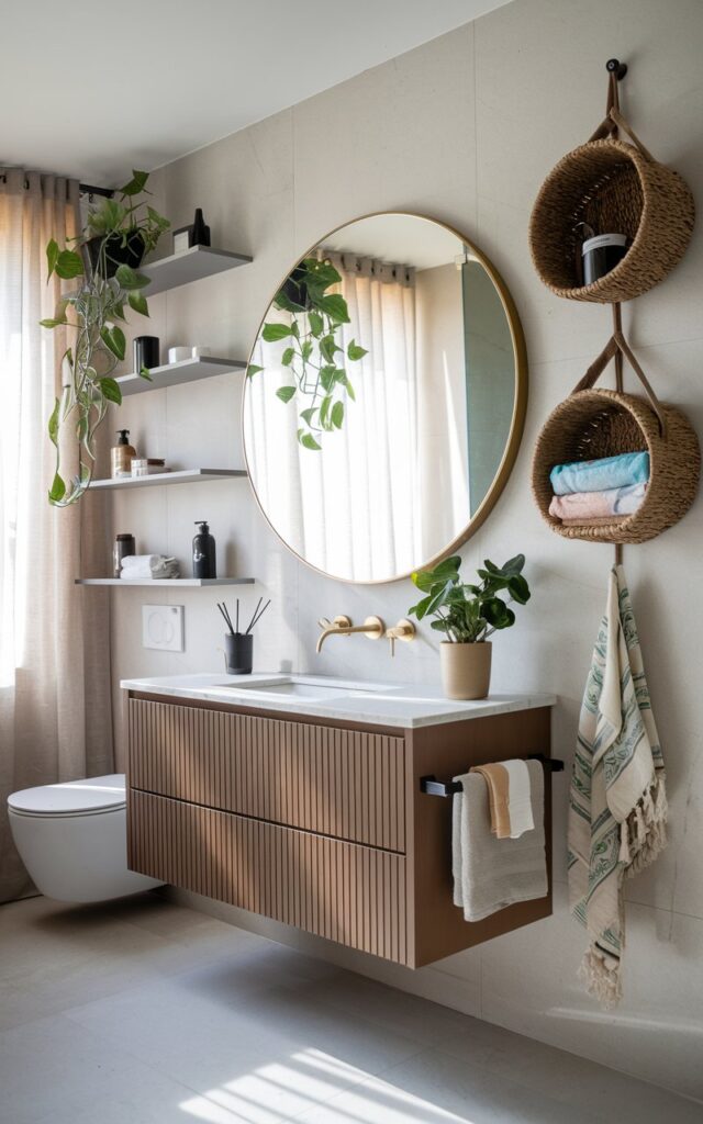 A photo of a modern Boho + chic bathroom with a floating vanity, a round mirror with brass accents, and potted plants. There are two woven baskets hanging from the wall near the vanity, holding towels, toiletries, and small essentials. The bathroom has sleek, minimalist shelving, marble countertops, and is illuminated by soft, natural light.