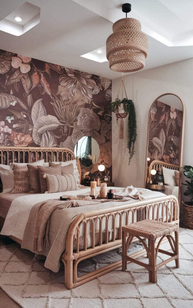 A photo of a modern Boho-chic bedroom with a bold peel-and-stick wallpaper accent wall behind the headboard. The wall features a blend of floral and tribal patterns in earthy tones and muted pinks. The bed has a natural rattan frame and is layered with textured bedding, tasseled throws, and eclectic pillows. A sleek vanity with a round mirror and a rattan stool sits to one side, styled with makeup, candles, and dried florals. Across the room, a full-length arched mirror with a rustic wood frame leans against the wall. The room also features woven baskets, hanging planters, and string lights. Recessed ceiling.