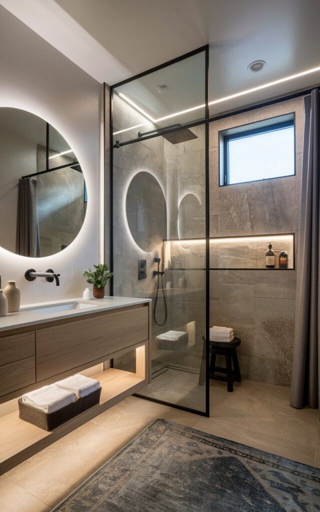 A photo of a modern Japandi + chic fully furnished bathroom with a sleek floating vanity, a round backlit mirror, and subtle décor pieces like ceramic jars and small potted greenery in the dry area. The shower area has frameless glass panels with textured stone tiles, a rainfall showerhead, a stool, and a small curtained window. The bathroom also features LED strip lights placed under floating wooden shelves in the dry area and inside a recessed shelf in the shower area. The design blends minimalist Japanese lines with Scandinavian warmth, showcasing light oak wood, matte black fixtures, and soft neutral tones. The lighting creates a calm, spa-like glow throughout the space. The floor has an area rug, and the ceiling has recessed LED lights.