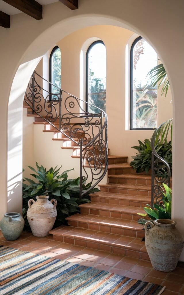 A photo of a modern Mediterranean-style home with a bold, elegant archway framing a staircase leading up to a room. The staircase has warm terracotta tile treads and wrought iron railings with intricate scrollwork. Sunlight streams through nearby arched windows, casting soft shadows that enhance the Mediterranean warmth. The surrounding area is decorated with rustic pottery, textured rugs, and lush greenery, creating an inviting transition between spaces.