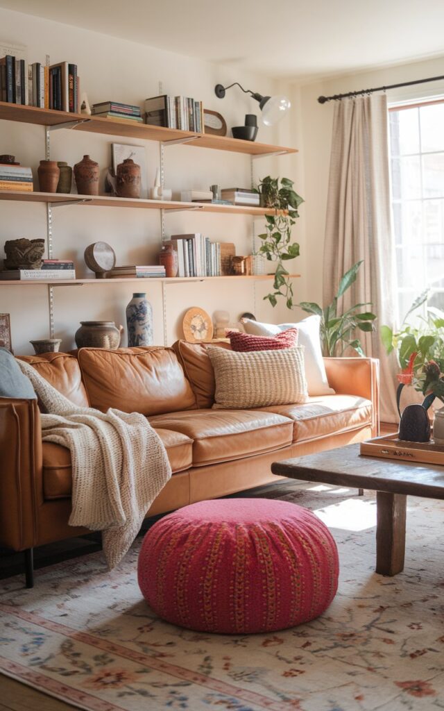 A photo of a modern cottagecore living room with a warm-toned leather couch and a plush bright colored, patterned ottoman for extra seating. The room is fully furnished with a rustic wooden coffee table, a soft floral-patterned area rug, and open shelving displaying books, potted plants, and vintage ceramics. Natural light is soft, ambient through curtained window. A few cozy throws and knitted pillows add texture to the couch.