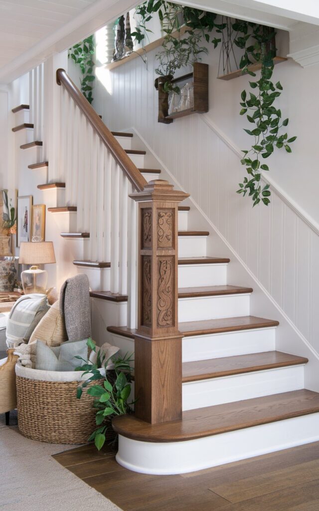 A photo of a modern cottagecore-style home with a staircase featuring an oversized stained oak newel post with intricate carved details. The staircase has soft white balusters and warm wooden treads. The surrounding area is decorated with cozy textiles, vintage-inspired decor, and lush greenery, creating a warm and lived-in atmosphere.