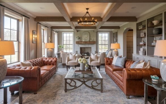 A photo of a modern posh English countryside farmhouse style open living room. The room has a gorgeous leather couch in rich, warm brown with deep tufting and rolled arms. The space is fully furnished with a glass top wooden coffee table, a plush patterned area rug, and matching side tables with ceramic lamps. There are two large windows framed with light linen curtains, a stone fireplace with a wooden mantel, and open shelving. The ceiling has a vintage chandelier with warm light. The room has rustic beams, neutral-toned walls, and polished finishes.