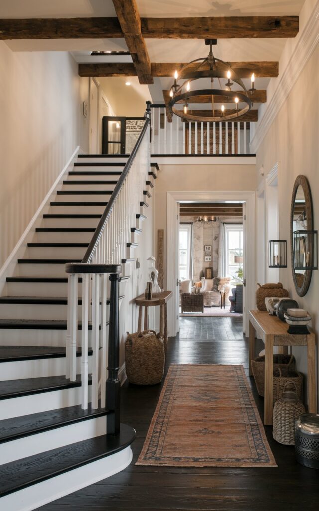 A photo of a posh rustic house hallway with a staircase featuring striking black wooden steps contrasted by crisp white railings. The stairs lead gracefully into the living room, visible at the end of the hallway. The space is fully furnished with a warm-toned wooden console table, a vintage rug, and rustic decor like woven baskets and iron lanterns. The ceiling showcases exposed wooden beams and a wrought iron chandelier, casting a warm glow that highlights the rich textures and elegant contrasts of the staircase and hallway.