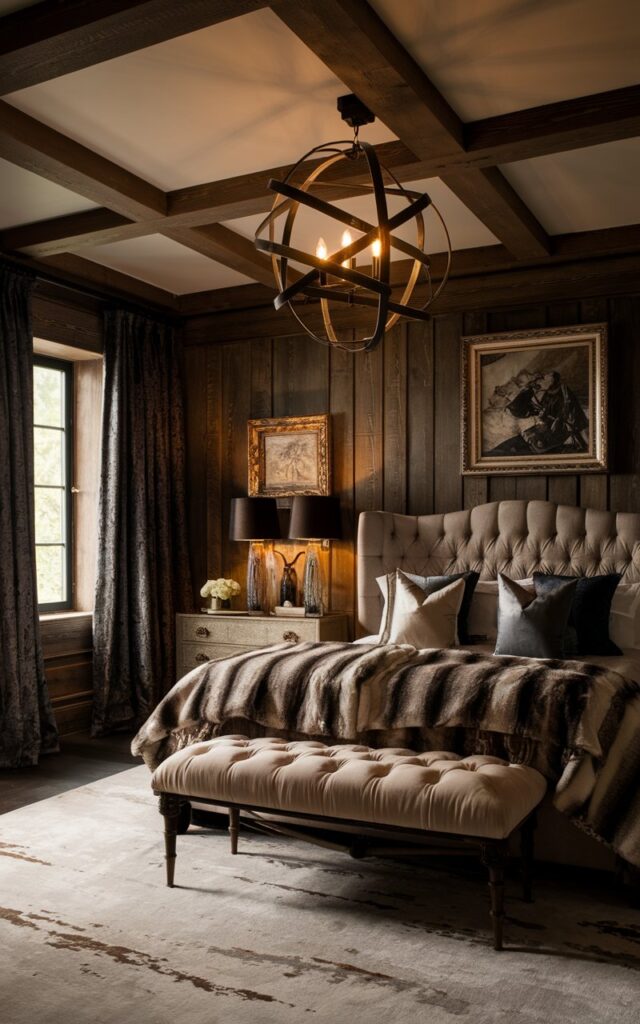 A photo of a refined alpine chic European bedroom with rich textures. The room has wood-paneled walls and a moody, romantic color palette of deep charcoal, creamy whites, and warm browns. Hanging from a beamed ceiling is a bold statement light fixture, a sculptural iron chandelier. The lighting casts a warm, golden glow over a tufted bed dressed in luxe linens and faux fur throws. Old-world framed art, velvet drapes, and distressed wooden nightstands add European elegance with a mountain lodge soul.