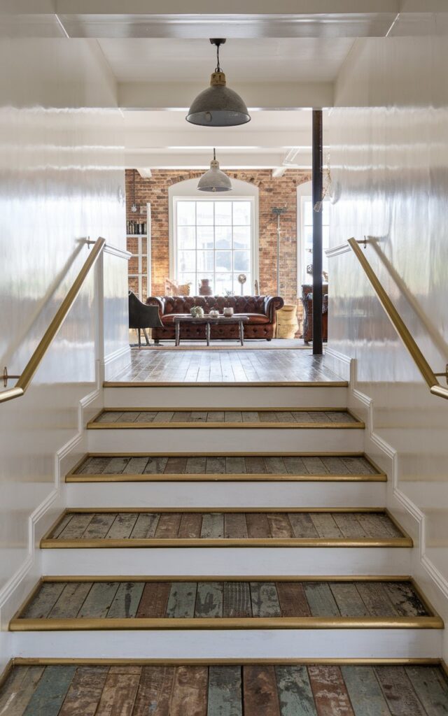A photo of a shabby chic + industrial-style house hallway with a sleek brass trim along each step of the staircase. The treads are reclaimed wood with a weathered finish. The staircase leads to a cozy living room in the background, furnished with exposed brick walls, vintage leather sofas, and metal light fixtures. Soft natural light filters in, highlighting the unique blend of rustic charm and polished industrial details throughout the space.