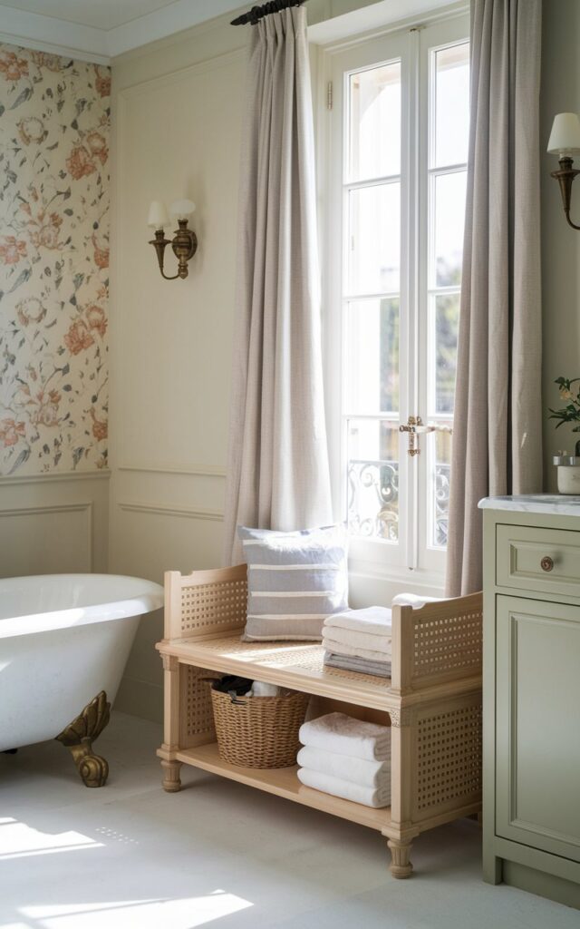 A photo of a small French countryside full bathroom with a multi-purpose sleek, slim bench with hidden storage placed against a wall. The bench is crafted from light wood with carved detailing, serving as a seating area and storage for towels, toiletries, or laundry. The bathroom includes a freestanding tub, marble countertop vanity, and vintage brass fixtures, with soft pastel walls and floral accents. Natural light streams in through a large window with linen curtains, creating a charming, functional, and elegant space that perfectly blends style and practicality.