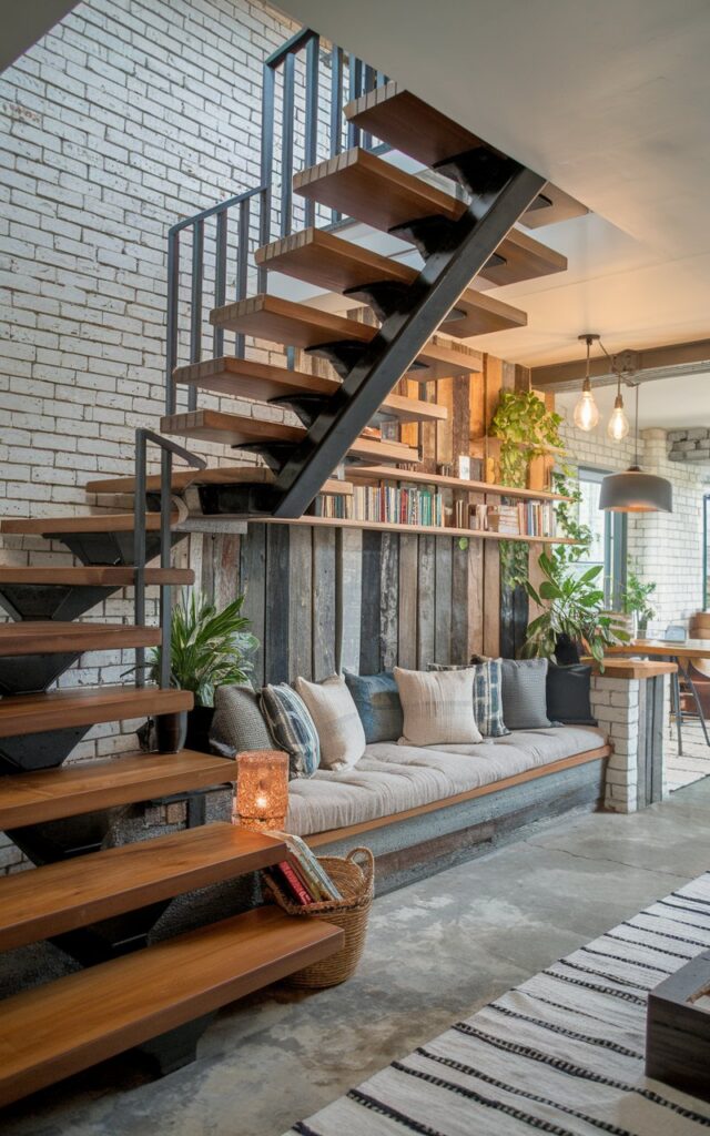 A photo of a stylish industrial chic house interior with a staircase that perfectly blends raw metal and warm wood elements. The stairs have thick wooden treads supported by black steel stringers and open risers, creating an airy feel. Beneath the stairs, there's a cozy reading nook with a built-in wooden bench, plush cushions, and shelving made from reclaimed wood with books. Exposed brick walls, Edison bulb pendant lights, and concrete flooring complete the space, giving it an edgy yet inviting vibe. The area is well-decorated with plants, books, and textured textiles for a lived-in, curated look.