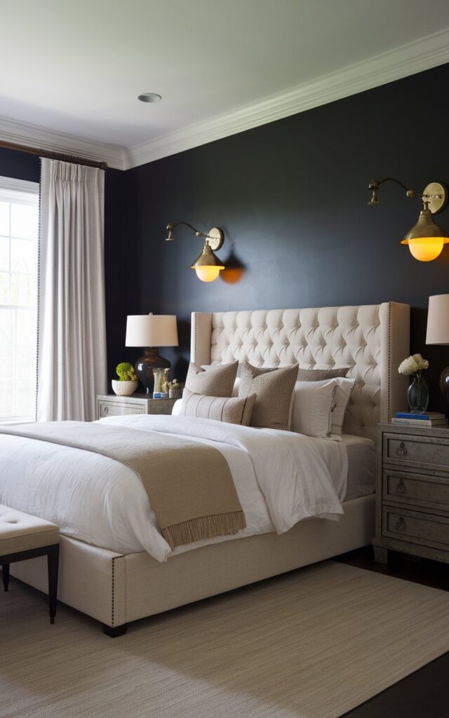 A photo of a transitional-style bedroom with a dark gray wall and a white ceiling. The room has a wall-mounted brass sconce (with amber yellow light) on either side of the bed. The bed has a beige tufted headboard and is positioned in the center of the room. There are two nightstands on either side of the bed. The nightstand on the right has a lamp. There is a beige rug beneath the bed. The room has a window with white curtains. The room has a polished yet inviting ambiance. No natural light.