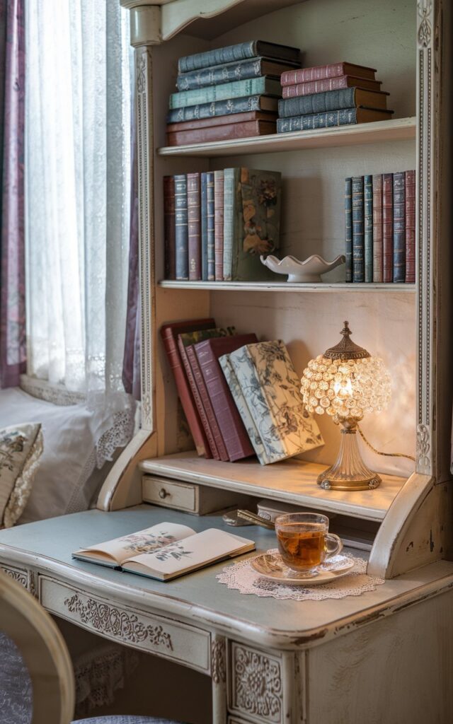 A vintage chic home office nook near the bedroom, softly illuminated by natural light. There is a distressed ivory bookshelf beside a carved writing desk. The bookshelf holds a curated selection of favorite books in faded covers and cloth bindings. Some titles are stacked horizontally with a porcelain trinket dish on top, while others are vertically arranged with antique bookends. The desk features floral-printed stationery, a crystal table lamp with warm light on, and a cup of herbal tea on a lace doily. The space has muted pastels, gentle textures, and timeworn finishes, giving it a romantic, collected feel. Night time outside.