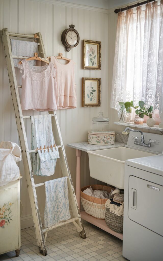 A photo of a vintage chic laundry room with creamy white beadboard walls and soft pastel accents. There's an old wooden ladder leaned against the wall with chipped white paint, which serves as a charming drying rack. Delicate linen tops and floral cotton garments hang from wooden clothespins clipped along the rungs. Near the ladder, a marble-topped counter holds glass jars with laundry soap, a porcelain sink, and a vintage floral tin for clothespins. An antique wall clock and botanical prints in gold frames add elegance. The floor is laid with soft checkered tiles, and lace curtains let in natural light for a gentle, dreamy vibe. The room also has a dryer and washer. Natural light is soft.