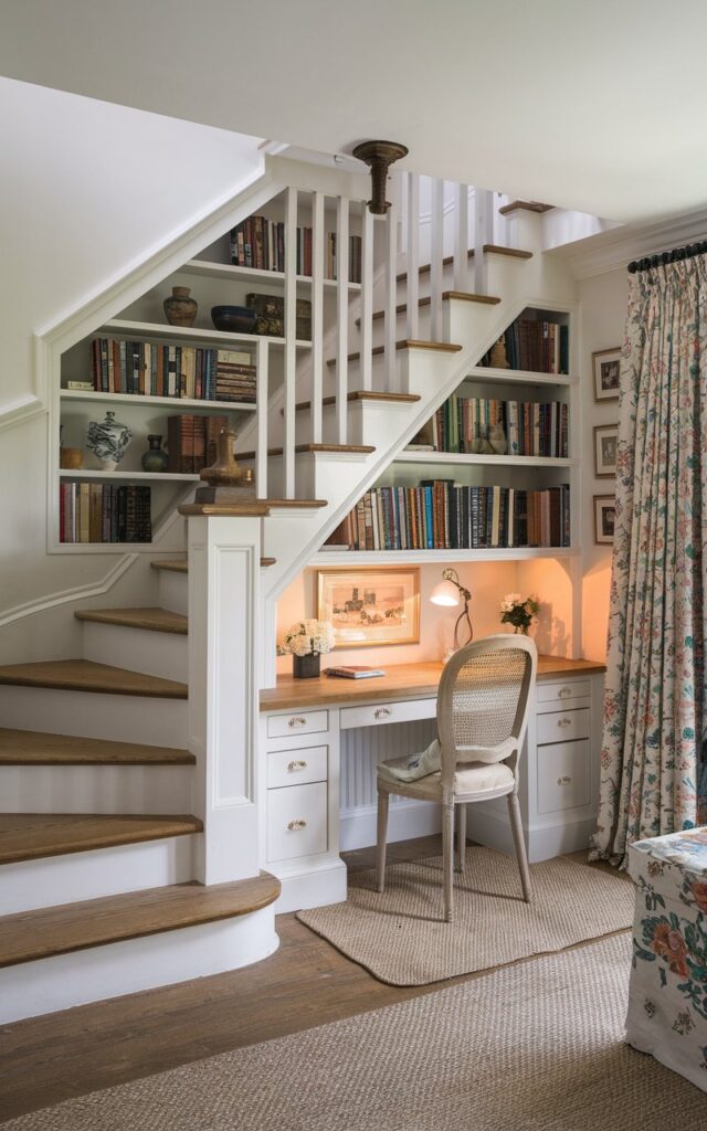 A photo of a charming English countryside-style home with a staircase featuring a 2-tier built-in bookcase integrated into the side wall. The bookcase is filled with classic novels, pottery, and vintage knick-knacks. The staircase has oak treads and white risers. Underneath the stairs, there is a cozy home office nook furnished with a wooden desk, no shelves, a comfortable chair, and soft task lighting. The space is styled with floral curtains, woven rugs, and rustic accents, creating a charming, functional corner full of countryside warmth and character.