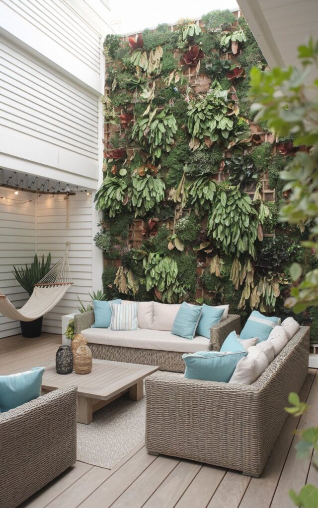 A photo of an alpine chic and coastal backyard patio with a small (4-feet tall) vertical garden wall filled with lush greenery. The wall serves as a natural focal point and a privacy element. The space includes a cozy lounge area with wicker sofas, soft cushions, and a low wooden coffee table. There's also a hammock in a shaded nook. The light-toned wooden decking, coastal-inspired textiles, and accents of stone and rope blend alpine freshness with breezy seaside charm, creating a tranquil yet stylish outdoor haven.