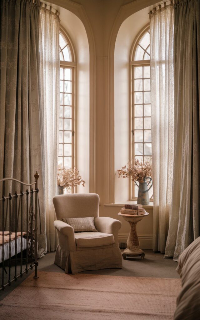 A photo of an inviting English countryside bedroom with tall, arched windows draped with delicate sheer curtains in white or cream. The room has a vintage iron headboard, a cozy reading nook with an armchair, a small antique side table, and a stack of worn books. There is a wool rug on the floor and dried flowers in a ceramic jug on the windowsill. The room has a warm, nostalgic, and storybook charm. Natural light is soft, ambient.