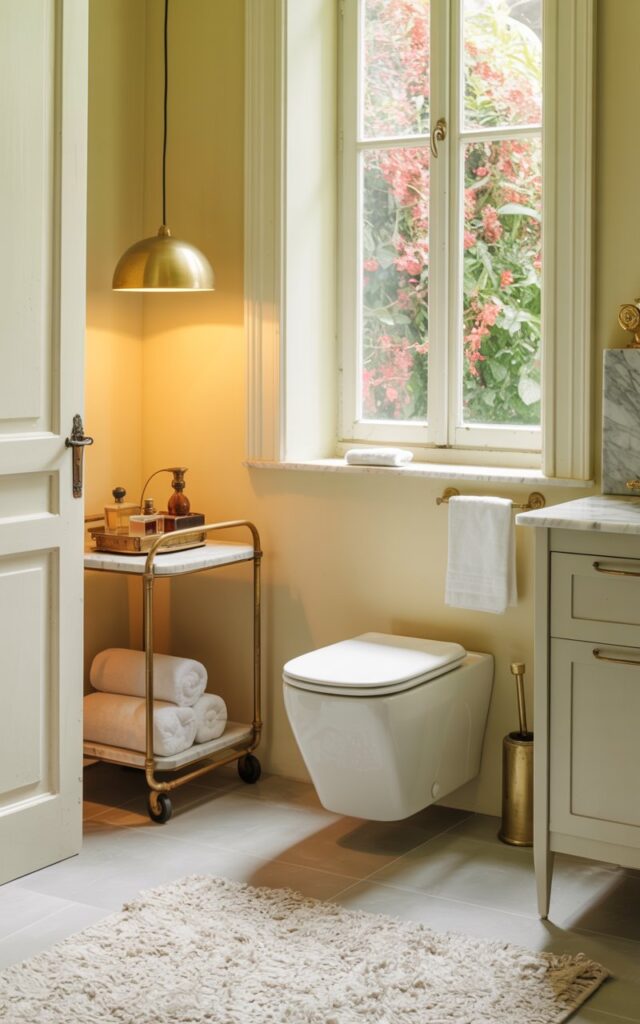A photograph of a meticulously designed French country bathroom featuring a modern, wall-hung toilet as the centerpiece. The toilet, with its clean lines and minimalist design, sits elegantly over light grey tile flooring softened by a plush cream-colored rug and complemented by a polished brass towel bar. To the side stands a sleek white vanity with a Carrara marble countertop, beside a vintage-inspired rolling cart displaying neatly rolled towels and antique perfume bottles illuminated by the warm glow of a brass pendant light hanging overhead. Pale yellow walls and a large window overlooking a vibrant, overgrown garden complete the cozy, countryside aesthetic, bathed in soft natural light.