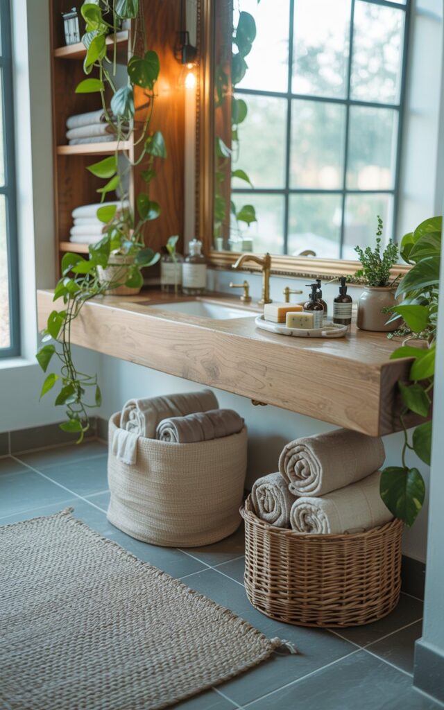 A photograph of a bright, airy Boho-modern rustic bathroom centered around a sleek, slim floating vanity crafted from light-toned oak wood. The vanity holds a collection of hand-poured soaps in ceramic containers, and two woven baskets, one cream and one tan, are neatly tucked beneath, overflowing with neatly rolled linen towels. A textured beige rug softens the cool gray tile floor, while a trailing pothos plant cascades down from open wooden shelving alongside a vintage brass mirror reflecting the diffused natural light streaming through a large nearby window. Soft, diffused natural light bathes the scene in a warm glow, creating a sense of calm and organized luxury.