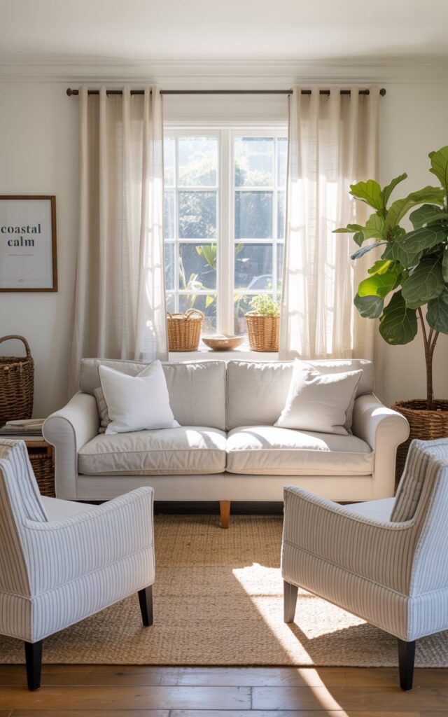 A photograph of a bright and airy California coastal living room centered around a plush, linen-upholstered sofa. The pale beige sofa, adorned with two soft white throw pillows, faces two matching armchairs upholstered in a subtle blue and white stripe pattern, neatly arranged on a warm-toned natural wood floor. A large window draped with sheer linen curtains casts a gentle glow on the room, highlighting woven baskets, a vibrant fiddle leaf fig tree, and a subtly textured jute rug, while a framed print on the wall reads "Coastal Calm". Soft, diffused sunlight streams through the window, illuminating the serene and polished aesthetic of the space.