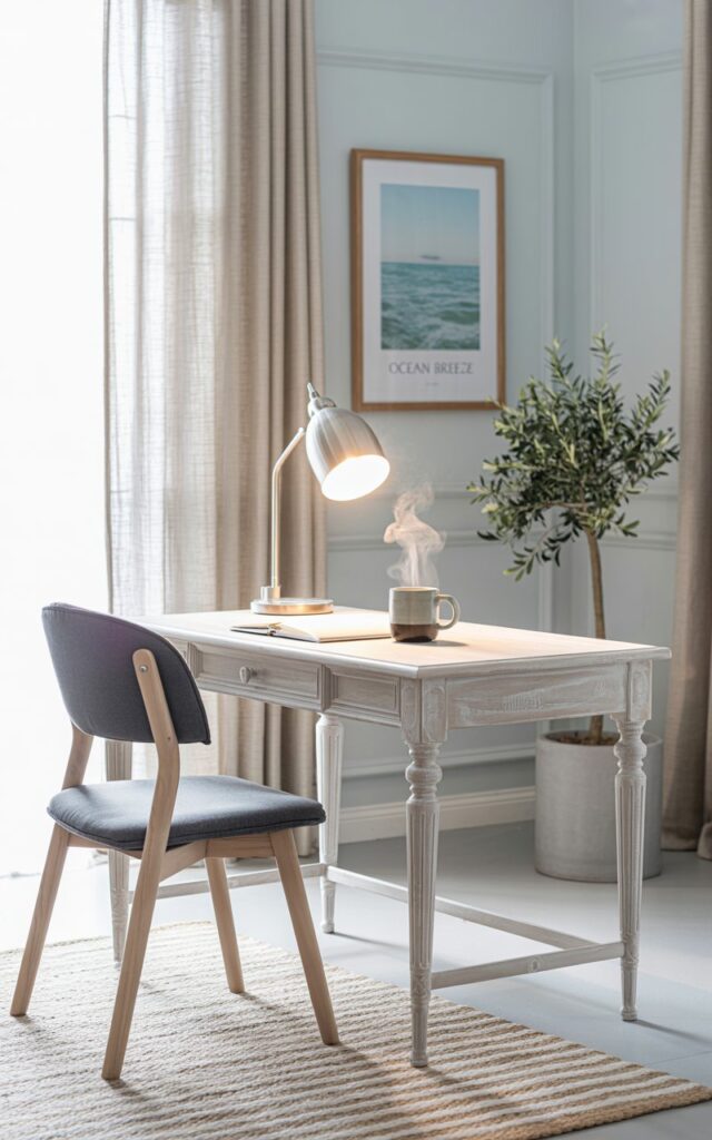 A photograph of a bright and airy home office centered around a whitewashed wooden desk. The desk holds a sleek silver desk lamp casting a warm glow and a ceramic mug filled with steaming coffee, placed neatly on the surface. A modern gray chair with light wood legs sits directly in front of the desk, positioned against pale blue walls displaying a framed print of "Ocean Breeze" and complemented by flowing linen curtains. A striped jute rug anchors the space, while a small potted olive tree adds a touch of natural serenity.