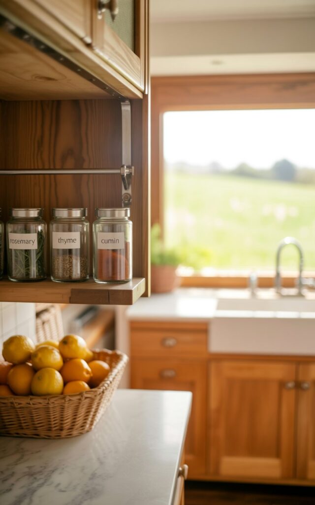 A photograph of a meticulously organized spice rack mounted inside a bright countryside kitchen. Three glass jars, labeled "Rosemary" "Thyme" and "Cumin", are neatly arranged on an open shelf above a pristine white marble vanity. Natural wood cabinets and a woven basket filled with vibrant yellow lemons are visible in the background, while soft, diffused light streams through a nearby window overlooking a rolling green field. The warm golden hour light illuminates the functional kitchen design, creating an inviting atmosphere and highlighting the subtle textures of the wood and marble.