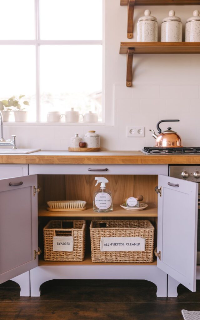 A photograph of a bright, modern cottagecore kitchen centered on a pale lavender cabinet with open doors. Inside the cabinet, labeled woven baskets display neatly arranged cleaning supplies including a glass spray bottle with “All-Purpose Cleaner” printed on its side, and a natural bristle brush resting on a wooden shelf alongside a small ceramic dish. The countertop is crafted from warm-toned wood, supporting open shelving filled with speckled ceramic canisters, while a vintage-style copper kettle gleams on the stovetop in the soft-lit background. Gentle, diffused sunlight streams through a nearby window, highlighting the textures and creating a cozy and inviting atmosphere.