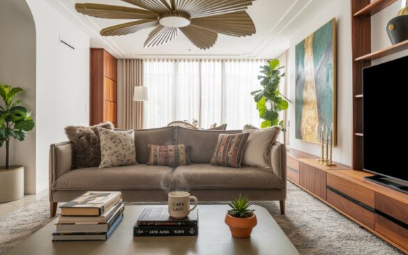 A photograph of a brightly lit, fully furnished living room showcasing a sophisticated blend of European, Boho, and mid-century modern design. A photograph of a dove-grey sofa, the central element in a luxuriously styled living room, showcasing a blend of European, Boho, and mid-century modern design. The sofa, upholstered in a combination of soft linen and plush velvet, is adorned with an assortment of patterned cushions and sits centered before a low coffee table displaying a stack of vintage art books, a steaming mug labeled "Café au Lait," and a miniature succulent in a terracotta pot. A statement chandelier with brushed brass fan blades hangs overhead, illuminating the textured ivory rug and the sleek walnut TV unit integrated with a modern fireplace, complemented by strategically placed fiddle leaf fig trees and a large abstract painting featuring shades of teal and gold. Soft, beige curtains partially drawn on large windows allow diffused natural light to gently illuminate the wood and metal accents, creating an inviting and stylish atmosphere.