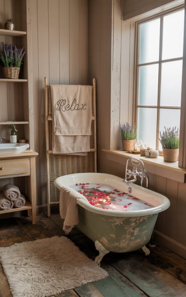 A photograph of a charming cottagecore bathroom centered around a vintage, claw-foot bathtub filled with warm, bubbly water and scattered rose petals. The tub sits on a distressed wooden floor covered by a soft, cream-colored rug, and a slender, cream-colored wall-mounted heater rests discreetly beside it, with soft, folded linen towels artfully draped over a nearby wicker towel rack displaying the words "Relax" embroidered in delicate script. Open wooden shelving filled with potted lavender and rolled-up towels flank a small vanity with a porcelain sink, and natural light streams through a frosted window, bathing the room in a gentle glow. The scene evokes a feeling of serenity, with a soft, diffused lighting enhancing the room's cozy and inviting atmosphere.
