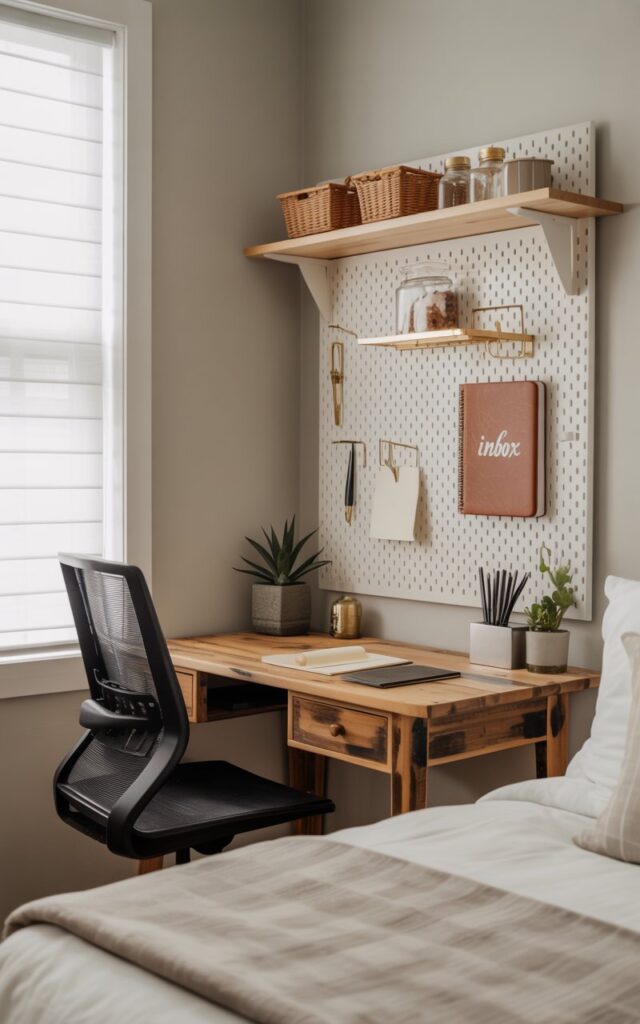 A photograph of a tidy and inviting home office nook seamlessly integrated into a bedroom. A reclaimed wood desk with a natural finish sits centered in the frame, paired with a sleek, minimalist black chair with a mesh back. Above the desk, a mounted pegboard displays a curated collection of office supplies including small woven baskets, hanging glass jars, and brass hooks holding pens and a leather-bound notebook labeled "INBOX" in elegant script. Soft, diffused light streams in from a nearby window, illuminating the neutral gray walls and a scattering of potted succulents that add a touch of life to the stylish and practical workspace.