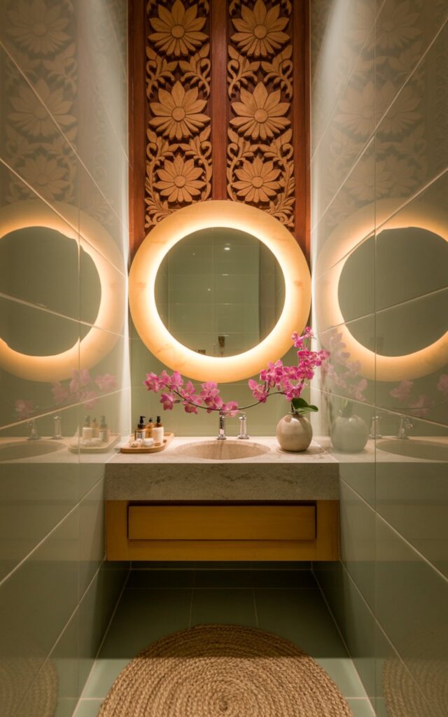 A photograph of a compact Balinese bathroom dominated by a sleek, minimalist vanity with a delicate floral backsplash depicting cherry blossoms. The vanity boasts a smooth grey stone countertop and warm honey-toned wooden accents, displaying neatly arranged toiletries and a small, ceramic vase holding vibrant pink orchids. Above the vanity, a large round mirror is illuminated by a ring of warm LED lighting, reflecting softly onto the smooth, pale green tile walls and highlighting the intricate wooden carvings of lotus flowers adorning the walls, with a handwoven jute rug grounding the space. Soft, diffused ambient light creates a tranquil and luxurious atmosphere within the small, intimate bathroom.