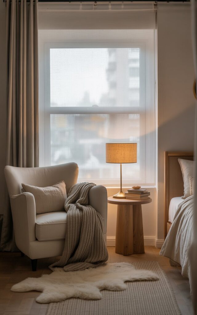 A photograph of a serene Scandi-style bedroom centered around a cozy reading nook. A plush, cream-colored linen armchair sits invitingly beside a large window, draped with sheer white curtains that diffuse the soft, natural light. A chunky knit throw and a sheepskin rug are draped over the chair, resting on a small, round wooden side table holding a stack of well-loved books and a brass table lamp with a linen shade that casts a warm glow. Beyond the window, a blurred cityscape adds a touch of urban calm to the room’s minimalist wooden furniture and neutral-toned walls, embodying a feeling of hygge.