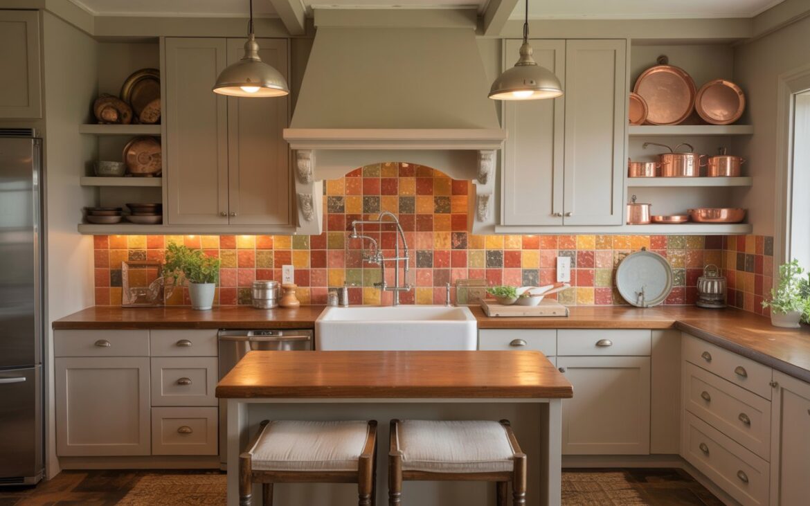 A photograph of a sun-drenched kitchen showcasing a farmhouse sink as its centerpiece, accented by a brushed nickel faucet. The sink sits beneath a vibrant backsplash of handcrafted terracotta tiles, complemented by warm, reclaimed wood countertops and custom cabinetry with open shelves displaying vintage copper pots and pans. Pendant lights hang above a compact island with two linen-upholstered stools and a stainless steel refrigerator sits quietly in the background; the space is illuminated by soft, diffused under-cabinet lighting. The overall ambiance is one of rustic elegance, highlighting the seamless blend of Americana, Mediterranean, and rustic design elements.