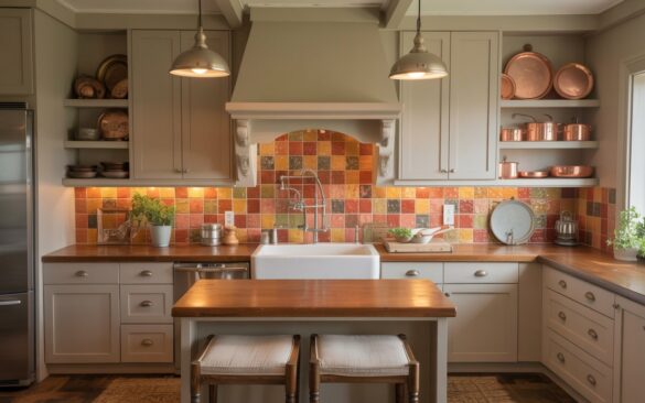 A photograph of a fully furnished kitchen seamlessly blending Americana, Mediterranean, and rustic design elements, creating a space of both style and functionality. A photograph of a sun-drenched kitchen showcasing a farmhouse sink as its centerpiece, accented by a brushed nickel faucet. The sink sits beneath a vibrant backsplash of handcrafted terracotta tiles, complemented by warm, reclaimed wood countertops and custom cabinetry with open shelves displaying vintage copper pots and pans. Pendant lights hang above a compact island with two linen-upholstered stools and a stainless steel refrigerator sits quietly in the background; the space is illuminated by soft, diffused under-cabinet lighting. The overall ambiance is one of rustic elegance, highlighting the seamless blend of Americana, Mediterranean, and rustic design elements.