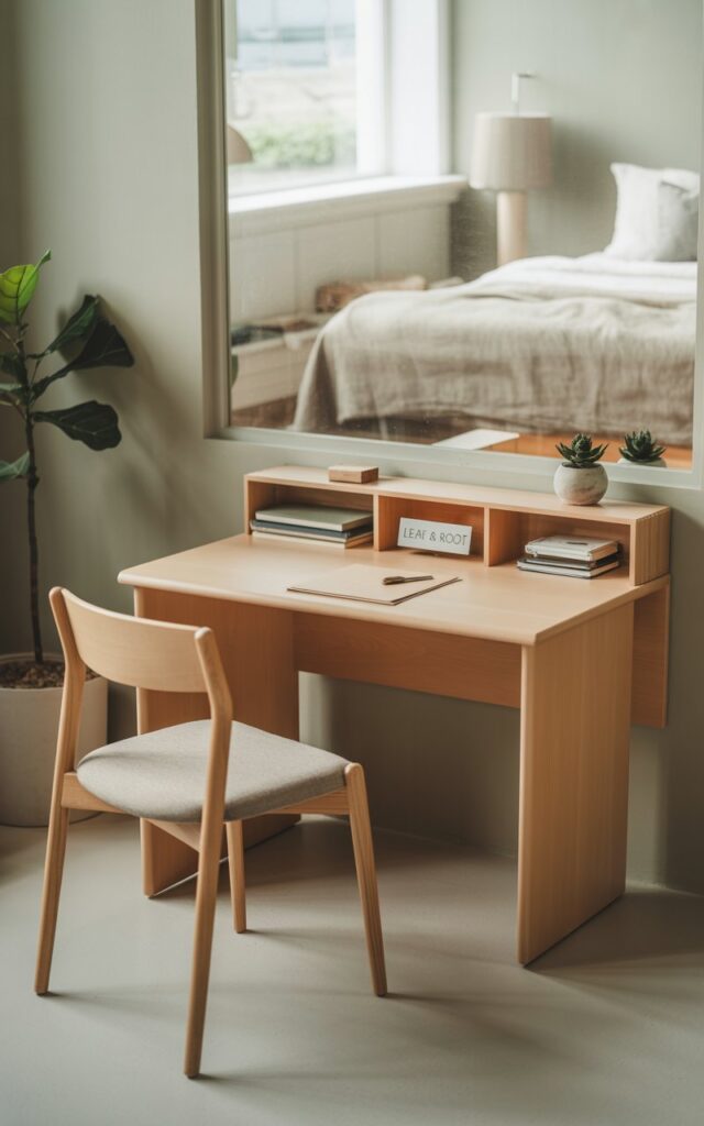 A photograph of a light-wood modular desk in a calming Japandi-Scandi home office. The desk, featuring clean minimalist lines, holds a single "LEAF & ROOT" label on its top surface and sits neatly against a pale gray wall, complemented by stackable storage units containing neatly organized notebooks and a small ceramic succulent planter. A Scandinavian-inspired ergonomic chair in a light beige fabric faces a large window revealing a softly blurred bedroom scene with a linen duvet and natural light. Soft, diffused sunlight filters through the window, highlighting the uncluttered surfaces and a single potted fiddle leaf fig in the corner, creating a cozy and functional workspace.