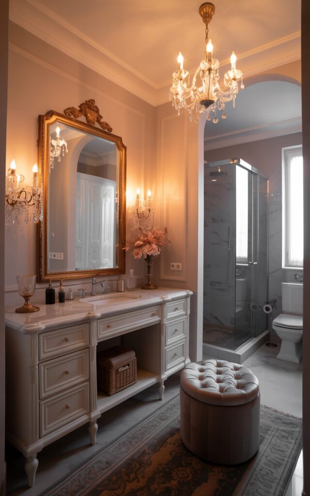 A photograph of a luxurious European-style bathroom centered around a pristine white marble vanity. The vanity boasts a large, ornate gold-rimmed mirror reflecting the soft glow of two crystal wall sconces flanking either side, while a single, elegant chandelier casts a warm light from above. A plush, tufted stool in a muted gray sits beside a patterned rug, and in the background, a glass-enclosed shower and a modern toilet add to the serene ambiance, all bathed in a subtle, diffused light suggesting a quiet nighttime scene. The walls are a pale blush pink and the room exudes a sense of calm and opulence.